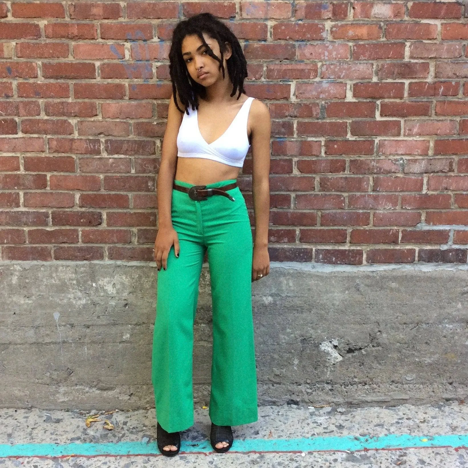 1970s Green High Waisted Flared Pants XS-S