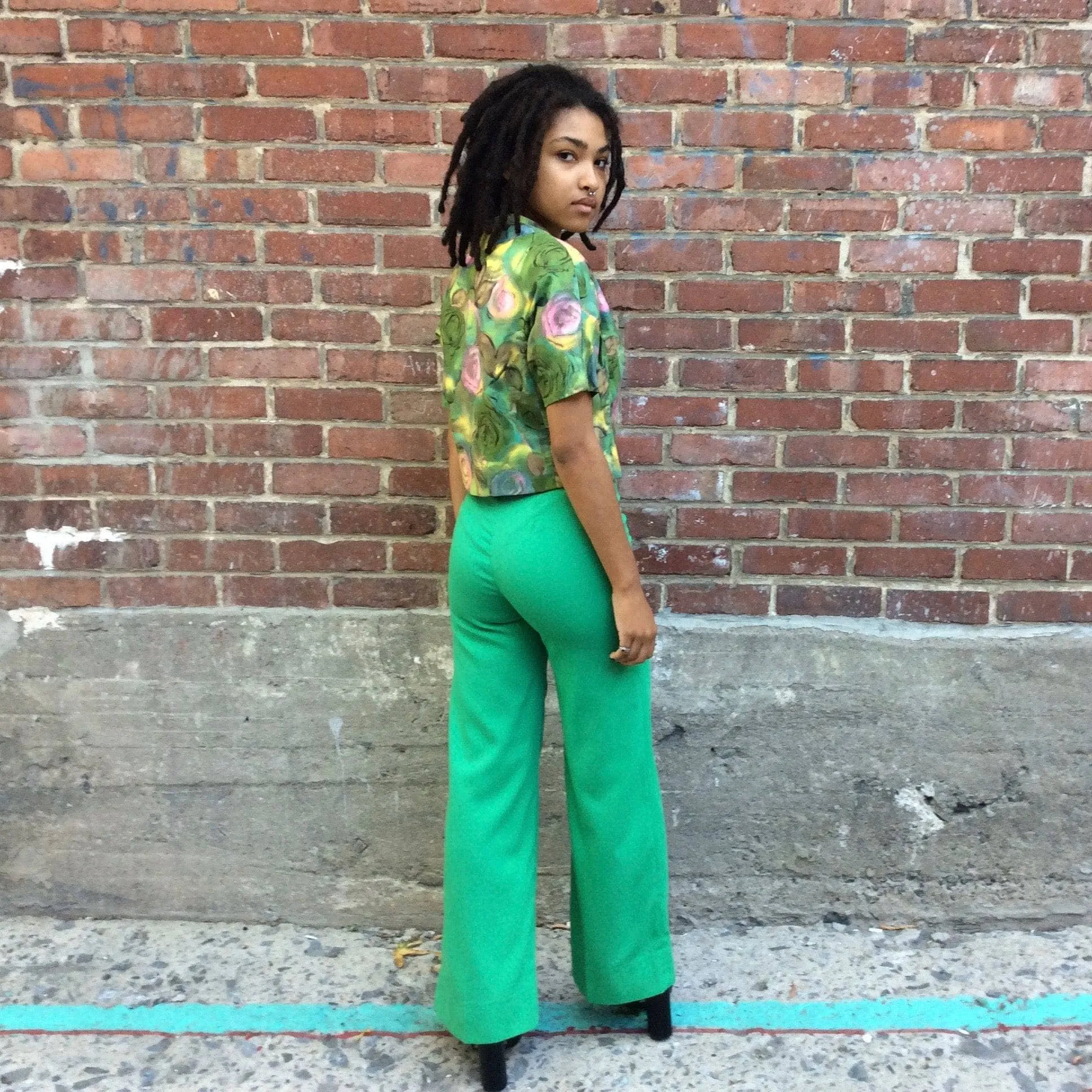 1970s Green High Waisted Flared Pants XS-S