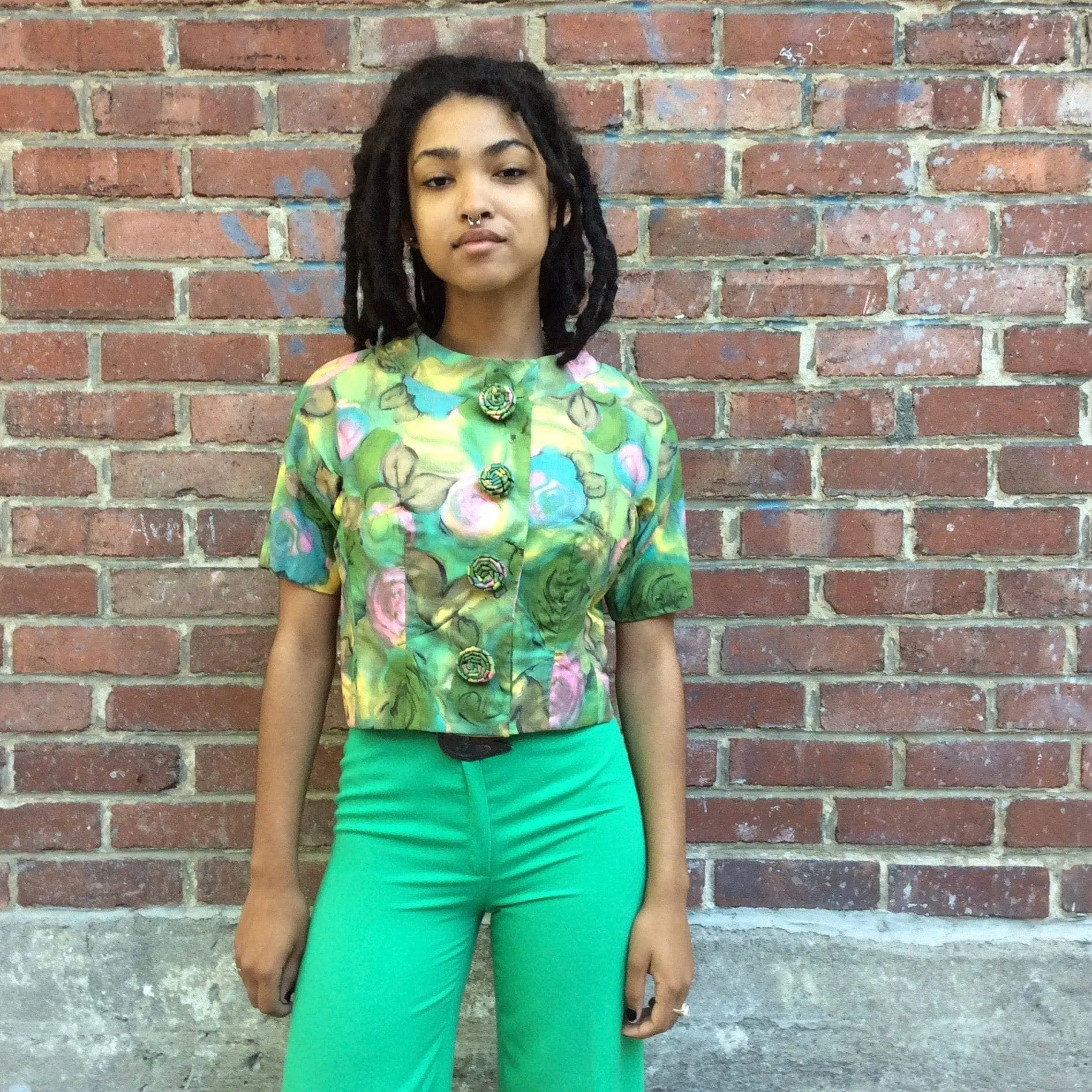 1970s Green High Waisted Flared Pants XS-S