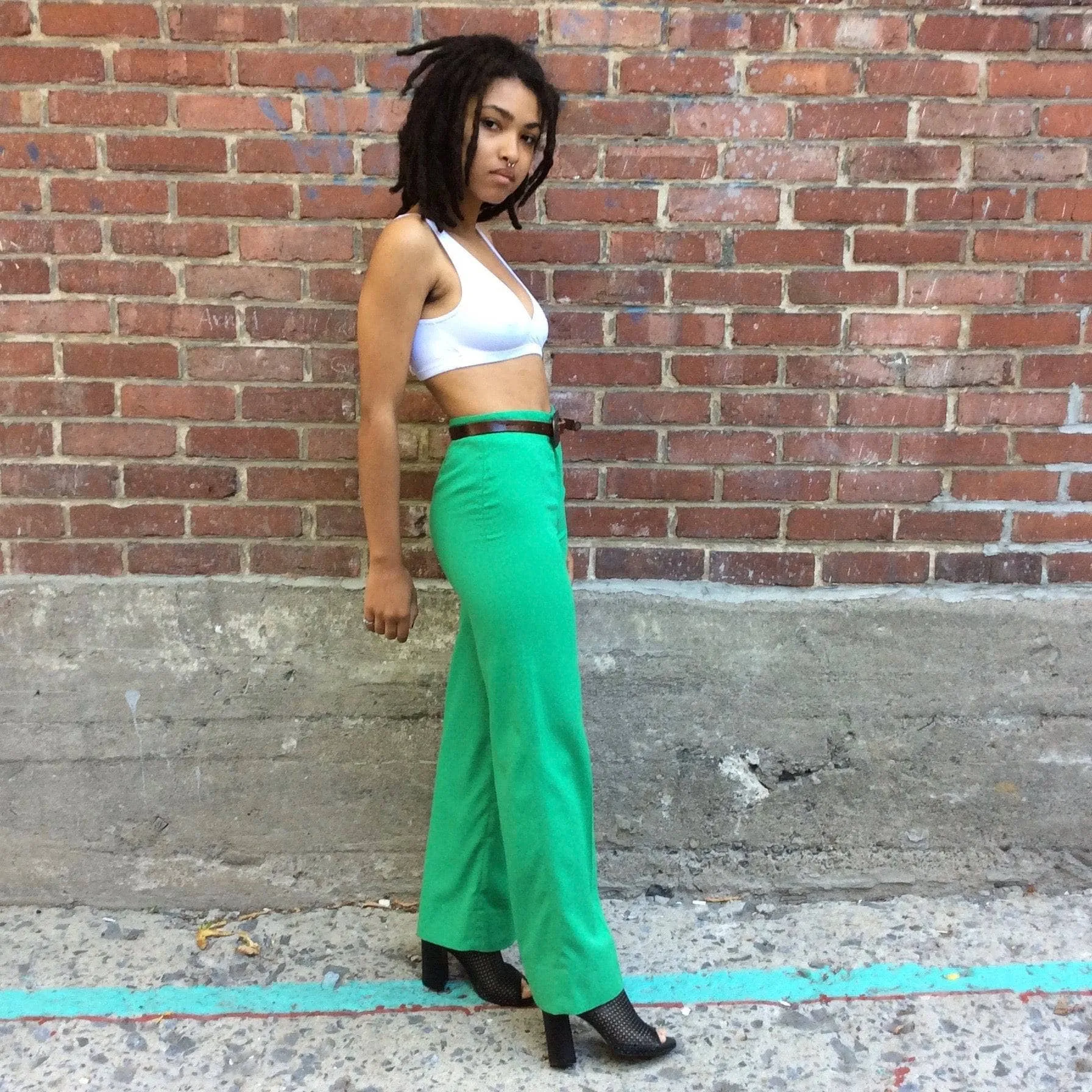1970s Green High Waisted Flared Pants XS-S