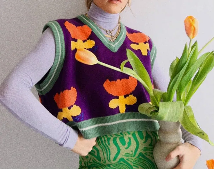 2021 spring turlip V neck jacquard knitted sweater top for women knitwear vest