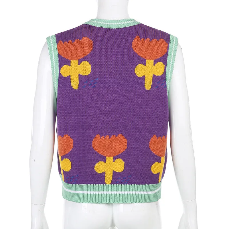 2021 spring turlip V neck jacquard knitted sweater top for women knitwear vest