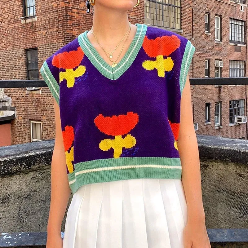 2021 spring turlip V neck jacquard knitted sweater top for women knitwear vest