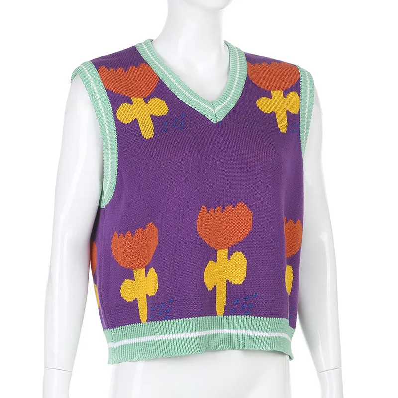 2021 spring turlip V neck jacquard knitted sweater top for women knitwear vest