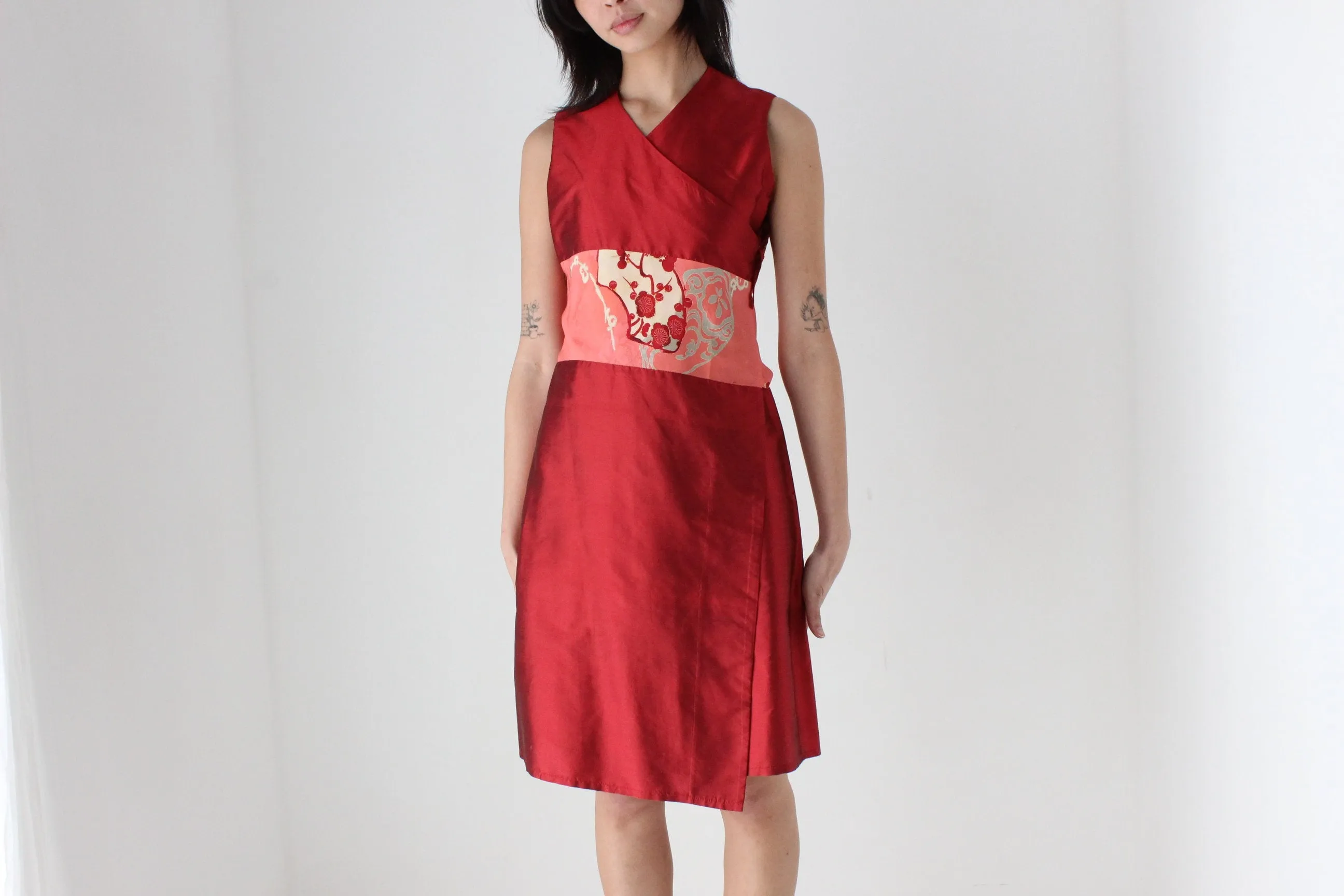 90s Yoshi Jones Raw Silk Wrap Dress w/ Japanese Kimono Silk Sash