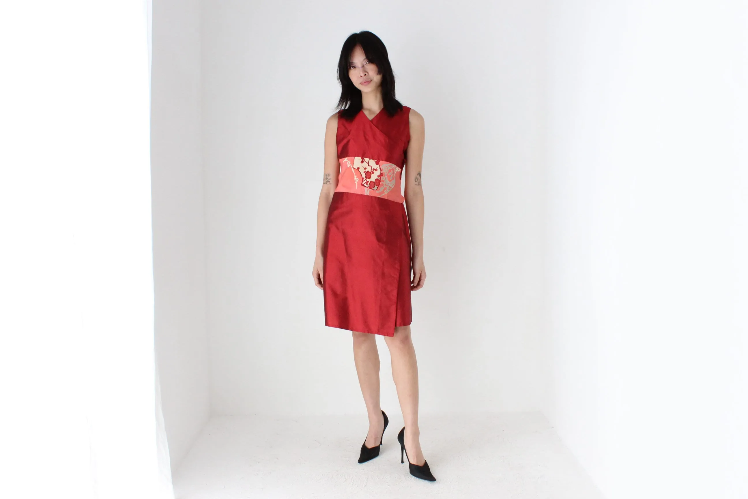 90s Yoshi Jones Raw Silk Wrap Dress w/ Japanese Kimono Silk Sash