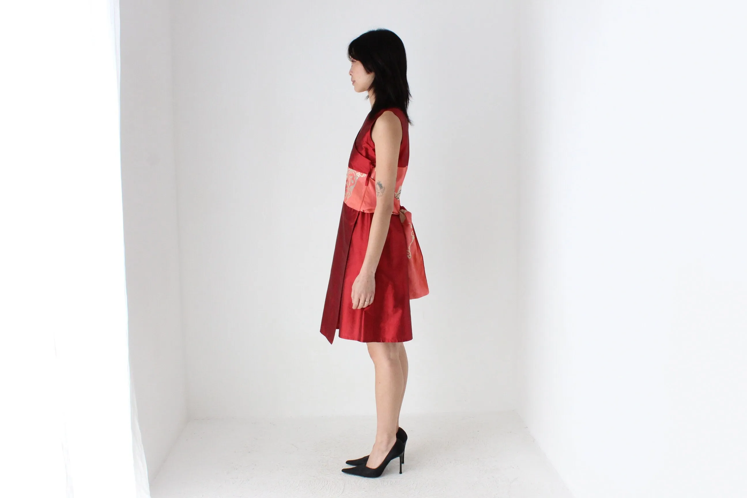 90s Yoshi Jones Raw Silk Wrap Dress w/ Japanese Kimono Silk Sash