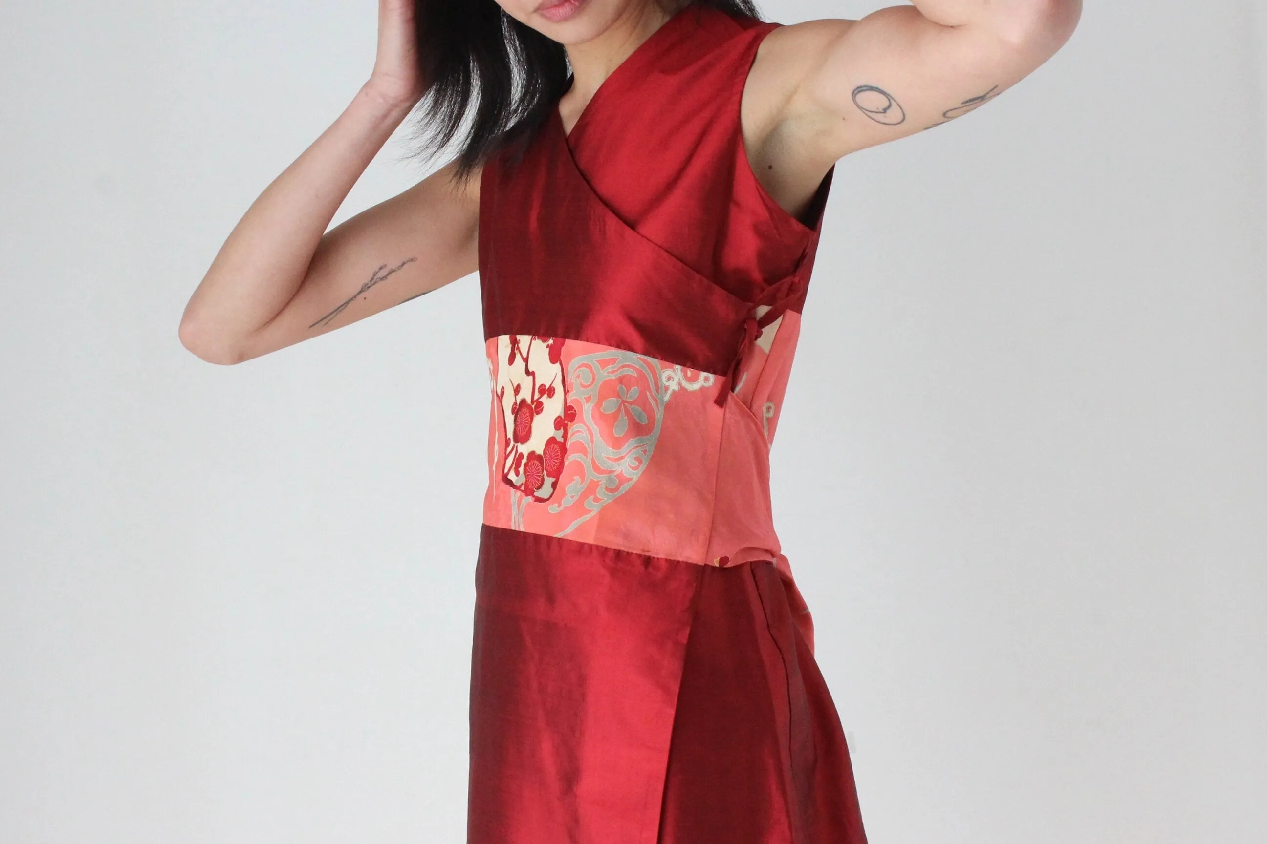 90s Yoshi Jones Raw Silk Wrap Dress w/ Japanese Kimono Silk Sash