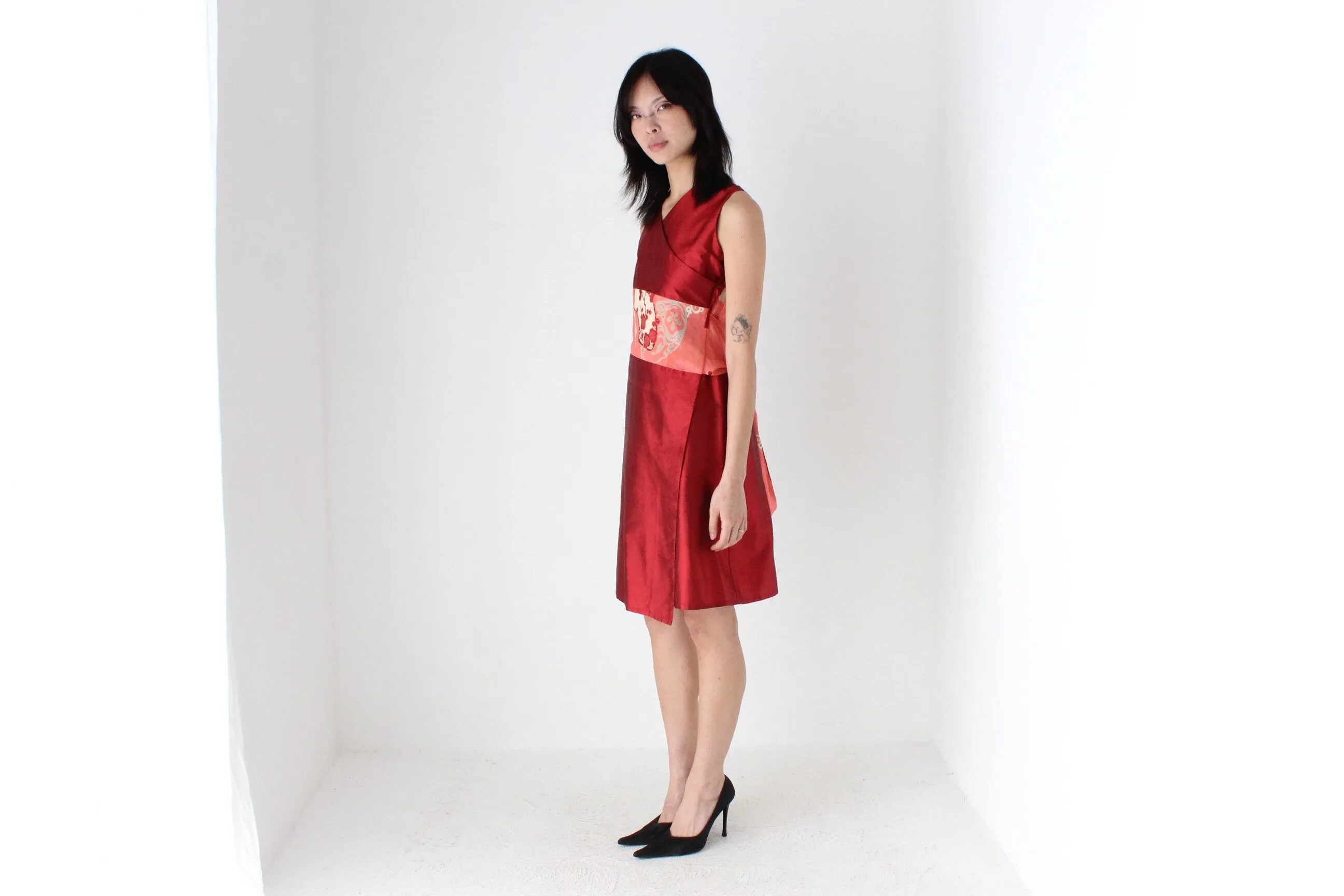 90s Yoshi Jones Raw Silk Wrap Dress w/ Japanese Kimono Silk Sash