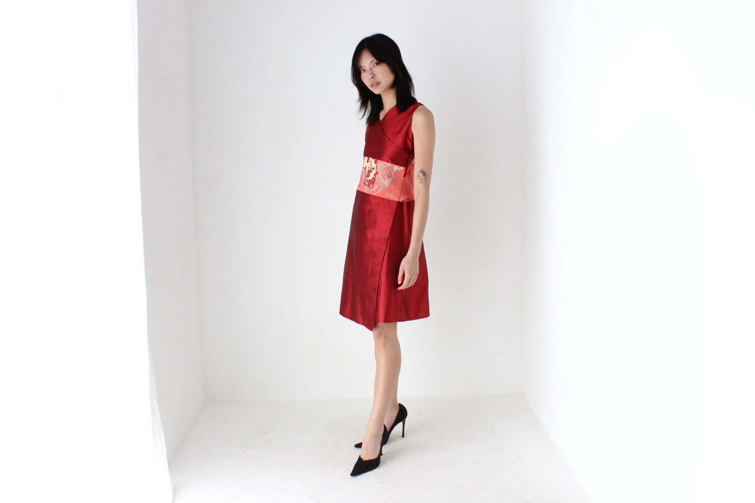 90s Yoshi Jones Raw Silk Wrap Dress w/ Japanese Kimono Silk Sash