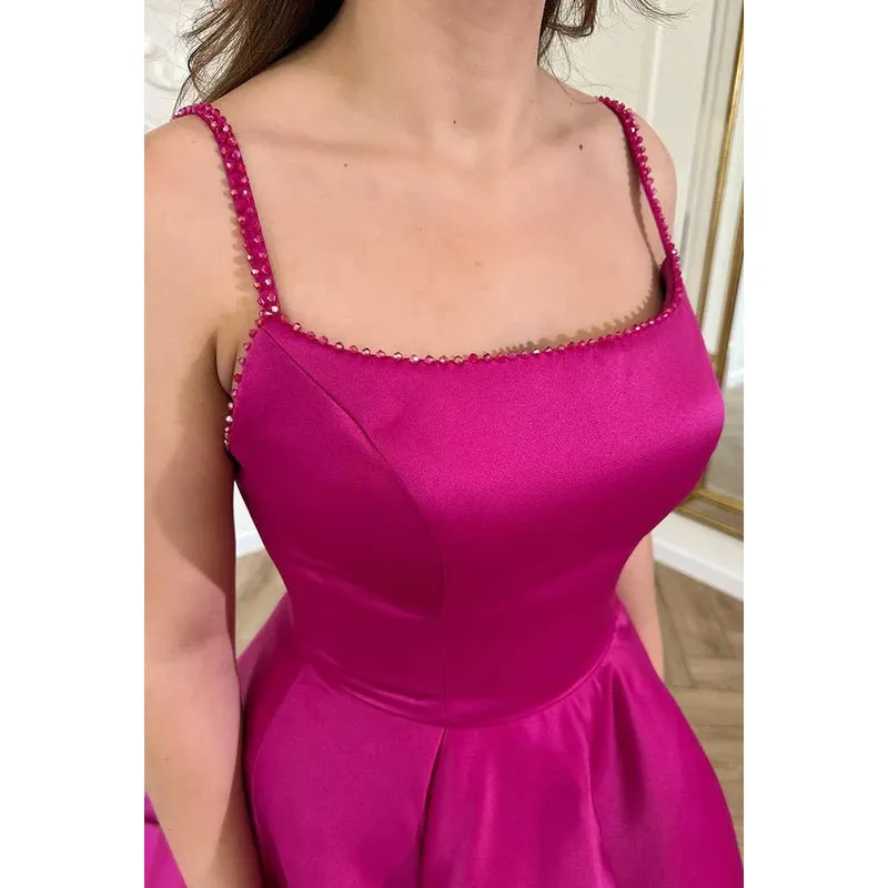 A-Line Classic & Timeless Spaghetti Straps Scoop A-Line Side Slit Party Prom Dress
