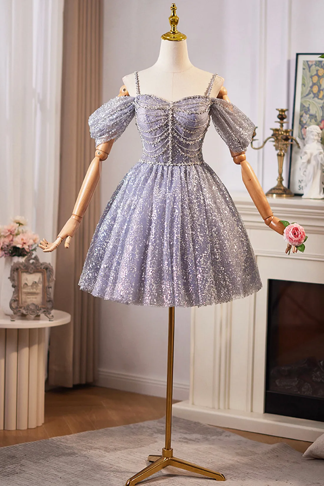 A-Line Tulle Sequins Knee Length Prom Dress, Off the Shoulder Evening Party Dress