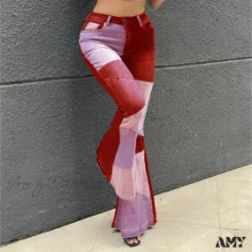 Amy Fashion - Flare for Women Patchwork Casual Fashion Slim High Waist Vintage Streetwear Stretch Women Jean