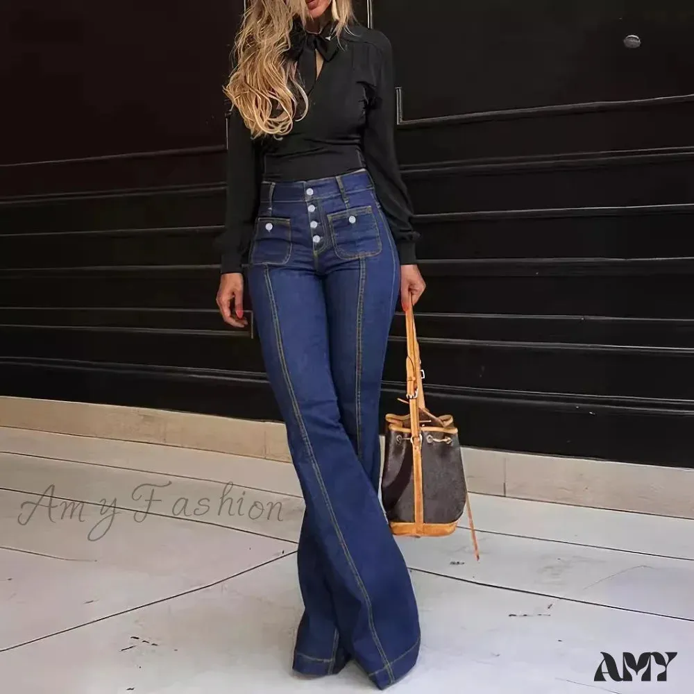 Amy Fashion - Spring Summer New Retro High Waist Stitching Washed Stretch Slim Bell-Bottom Denim Jean