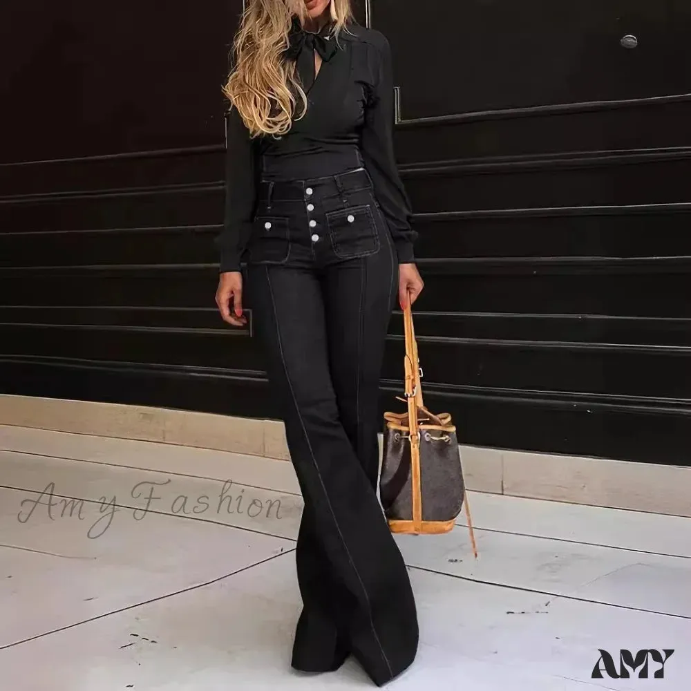 Amy Fashion - Spring Summer New Retro High Waist Stitching Washed Stretch Slim Bell-Bottom Denim Jean