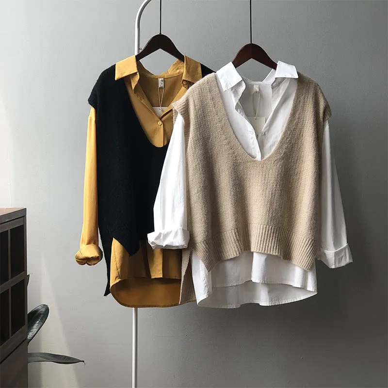 Antiwrinkle knitted vest knitwear forked hem V-neck Korean loose fit woolen sweater long top for women