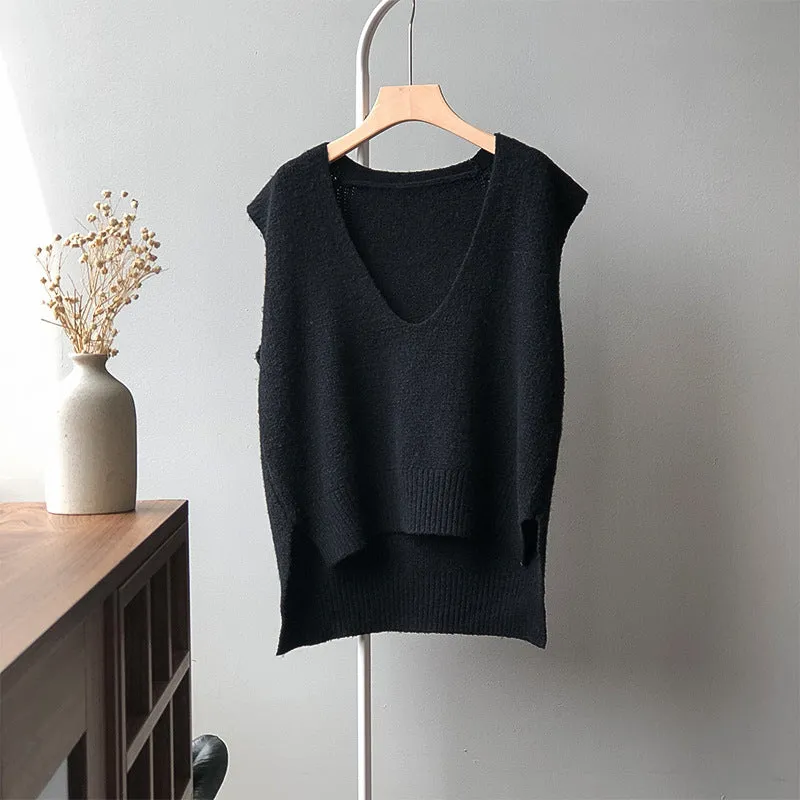 Antiwrinkle knitted vest knitwear forked hem V-neck Korean loose fit woolen sweater long top for women