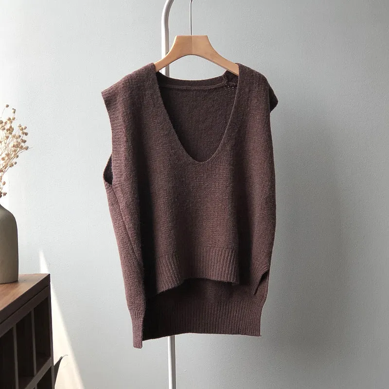 Antiwrinkle knitted vest knitwear forked hem V-neck Korean loose fit woolen sweater long top for women