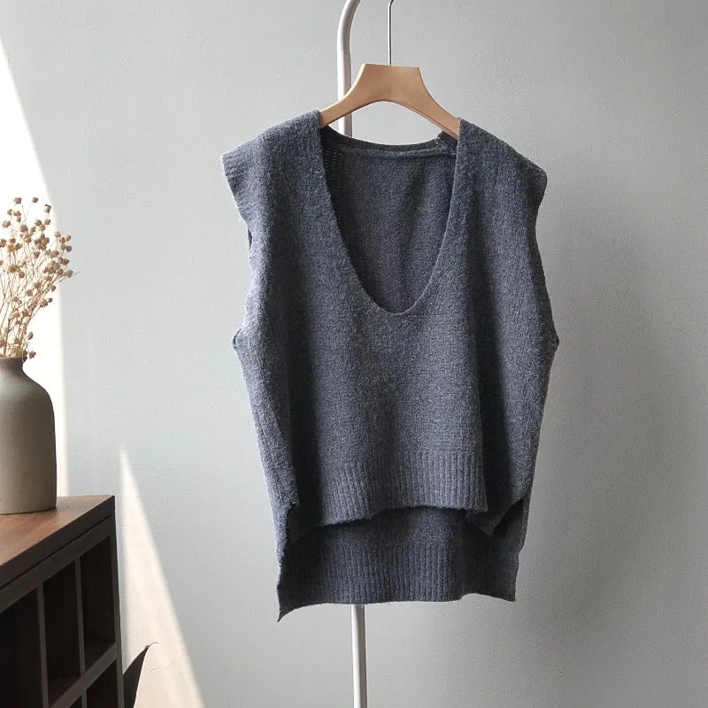 Antiwrinkle knitted vest knitwear forked hem V-neck Korean loose fit woolen sweater long top for women
