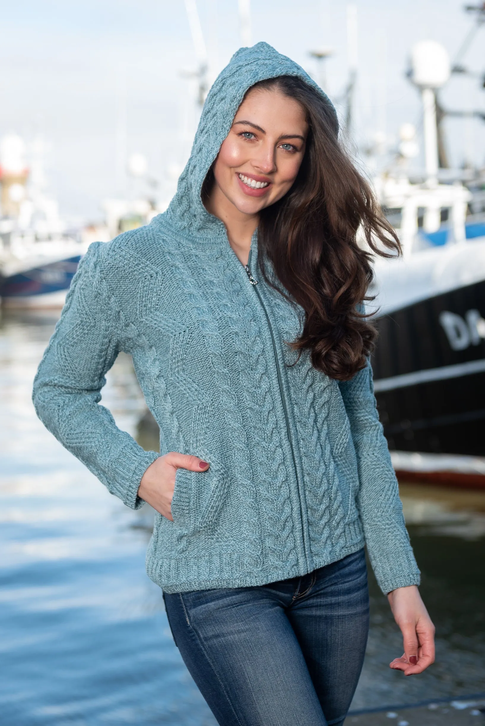 Aran Aqua Hooded Cardigan