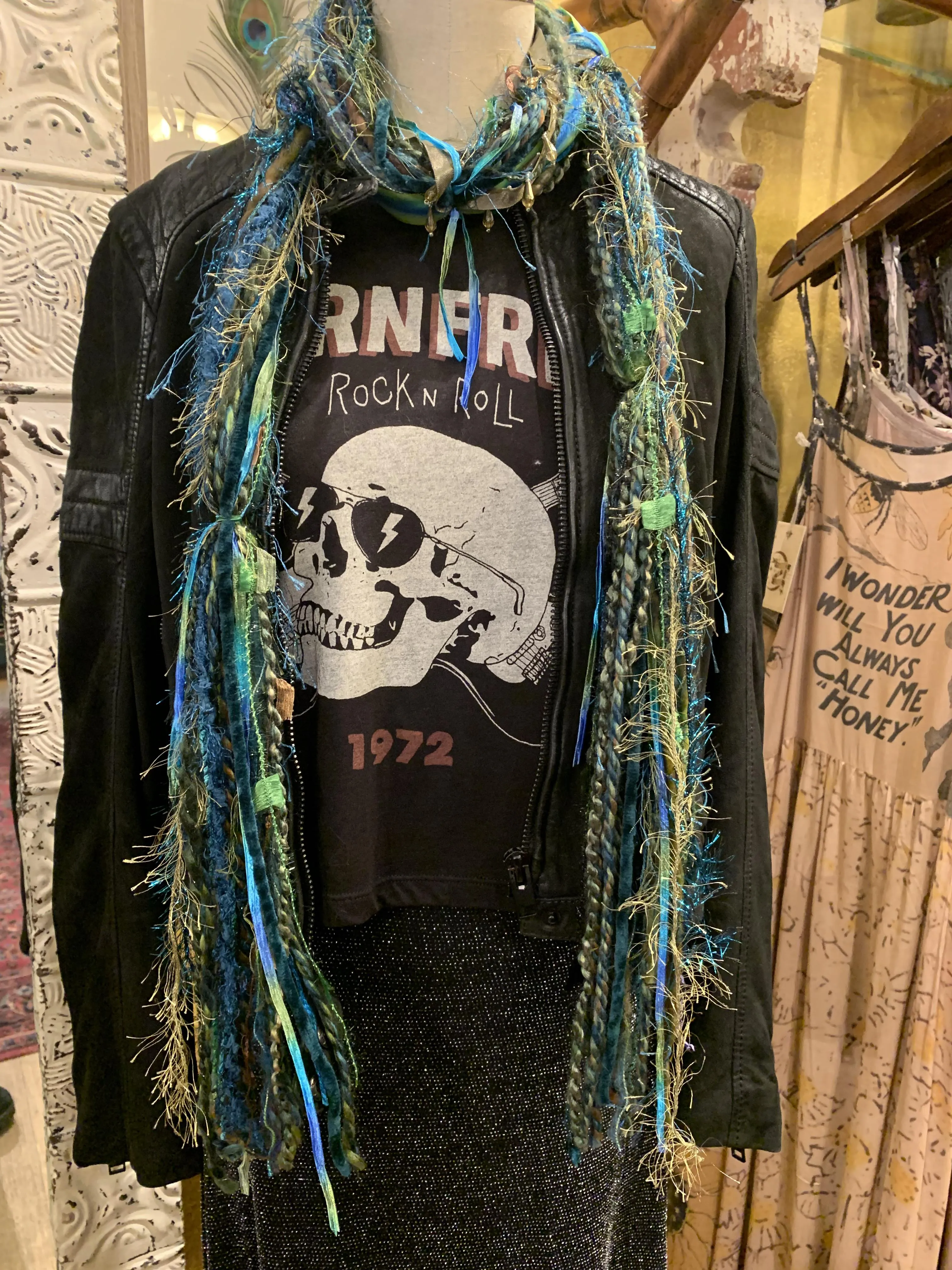 Ariel - Scarf in Turquoise, olive with hand dyed ribbon