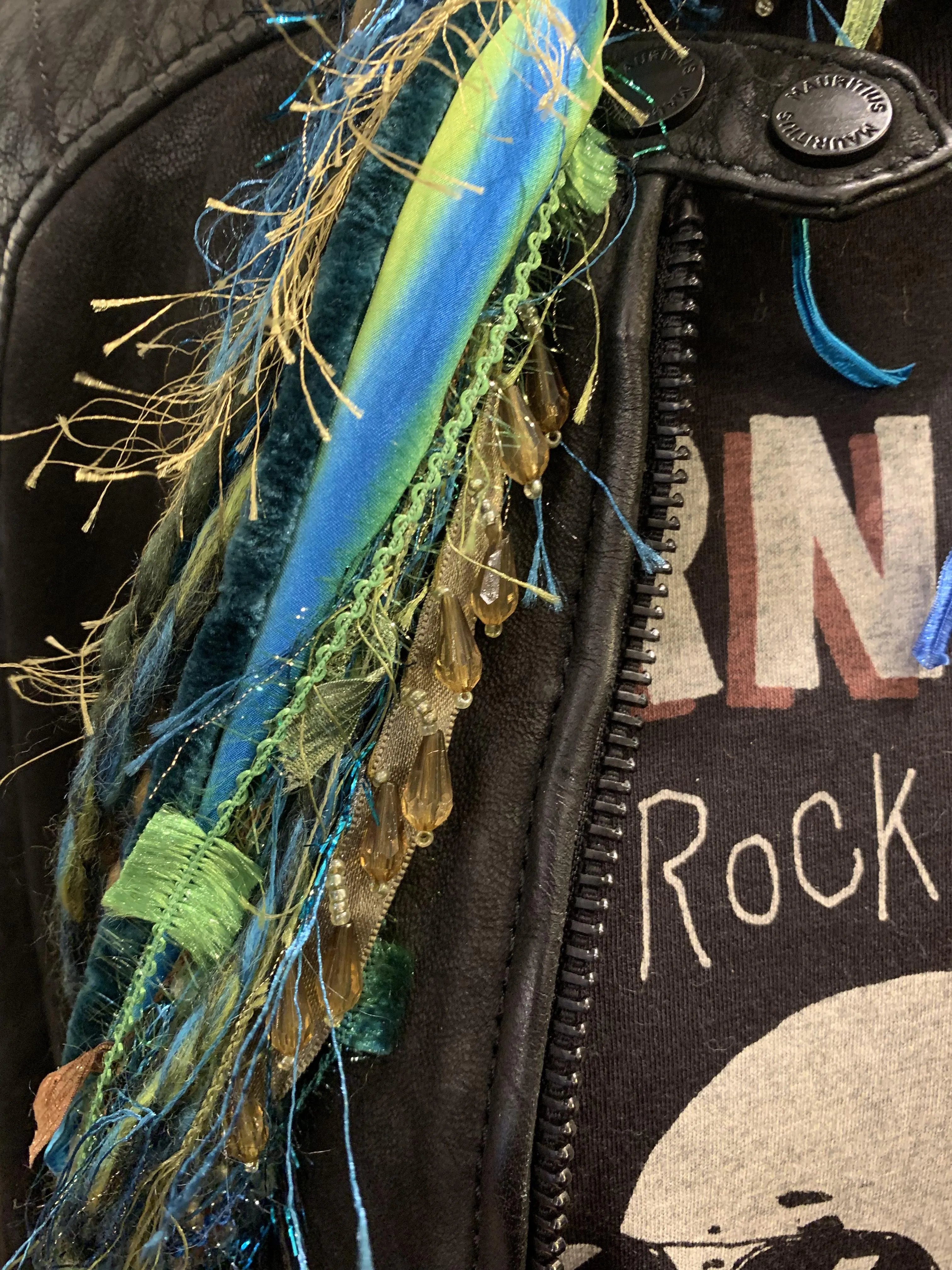 Ariel - Scarf in Turquoise, olive with hand dyed ribbon