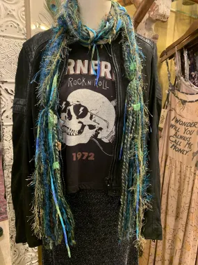 Ariel - Scarf in Turquoise, olive with hand dyed ribbon