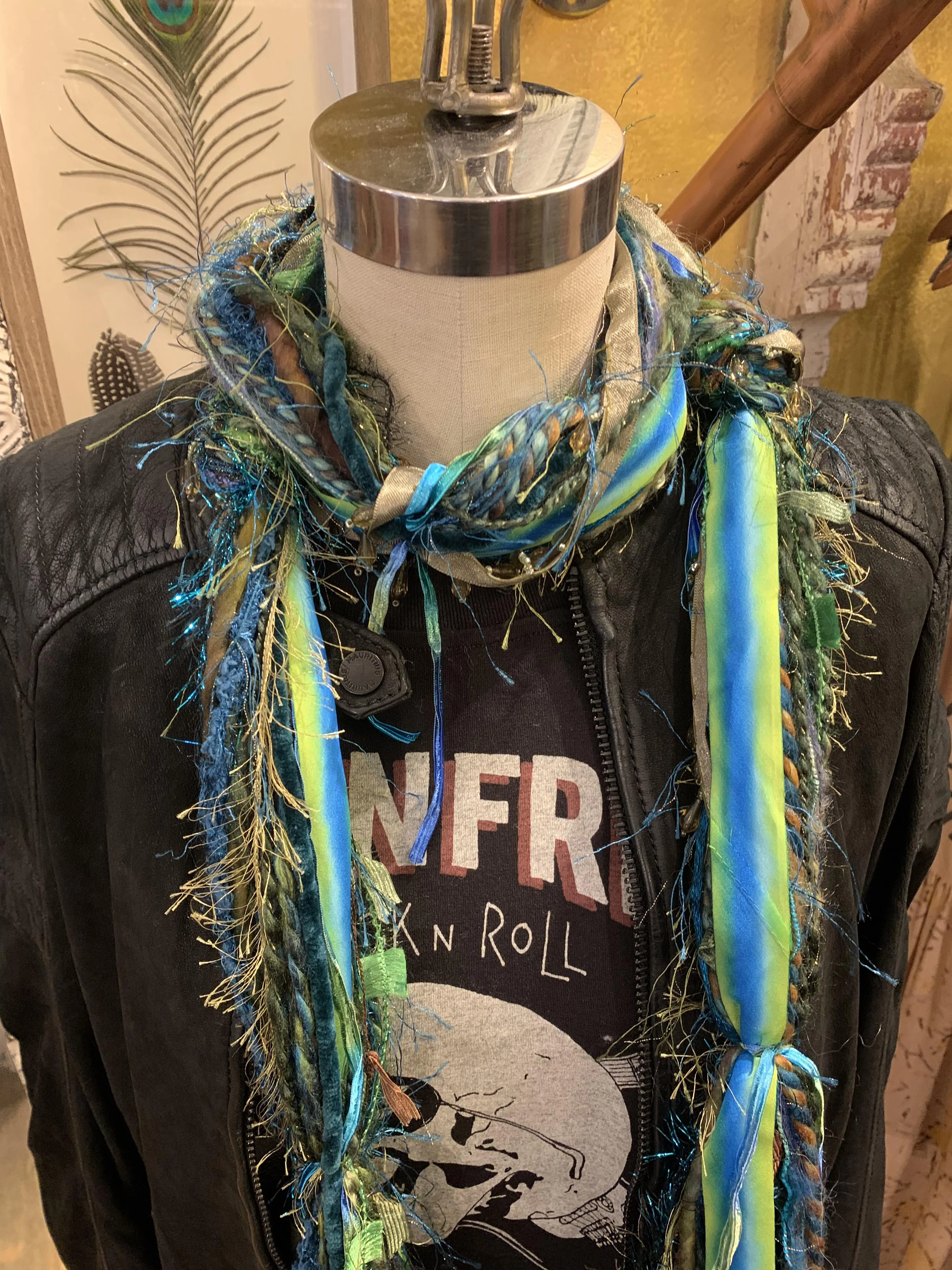 Ariel - Scarf in Turquoise, olive with hand dyed ribbon