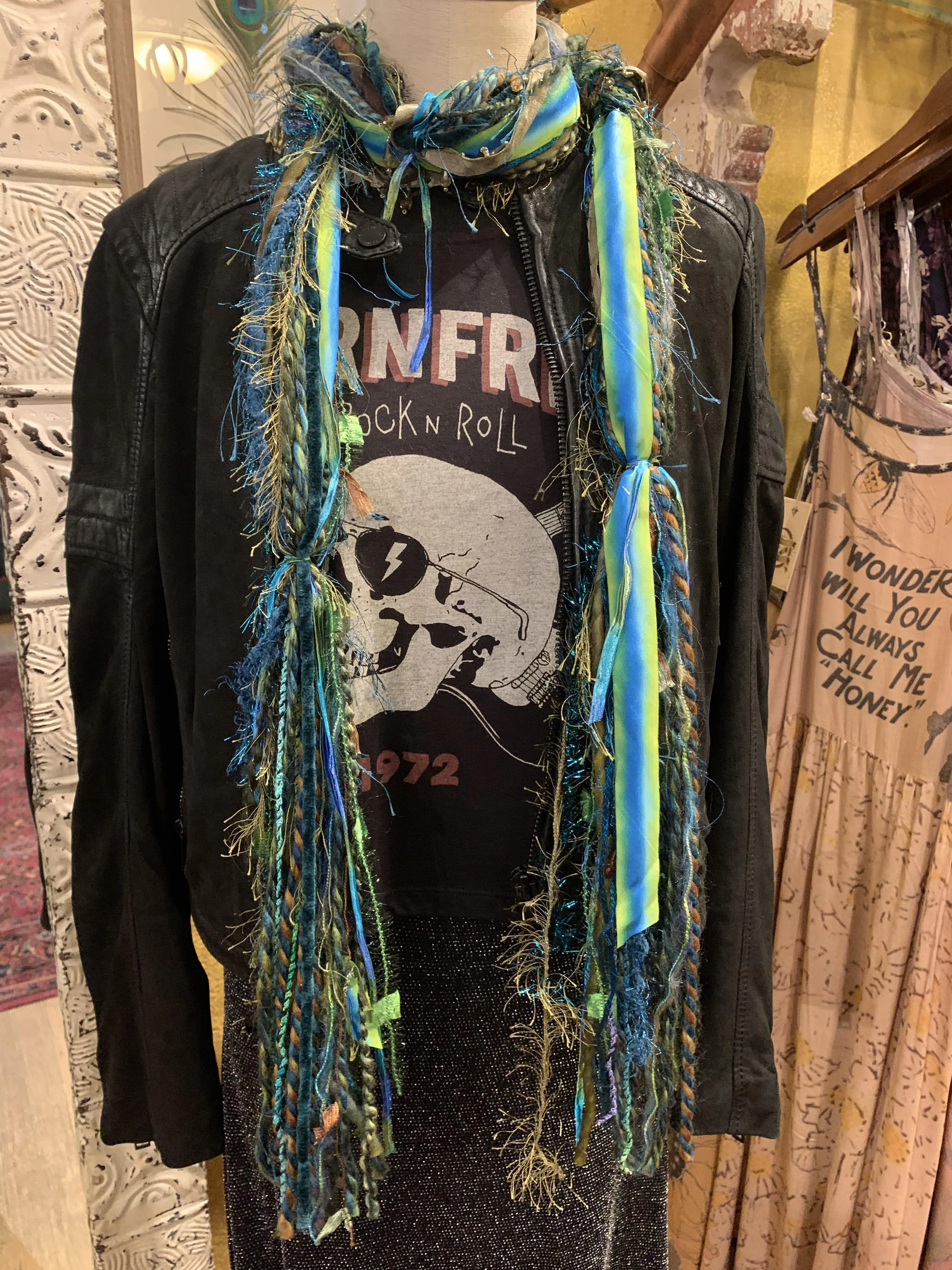Ariel - Scarf in Turquoise, olive with hand dyed ribbon
