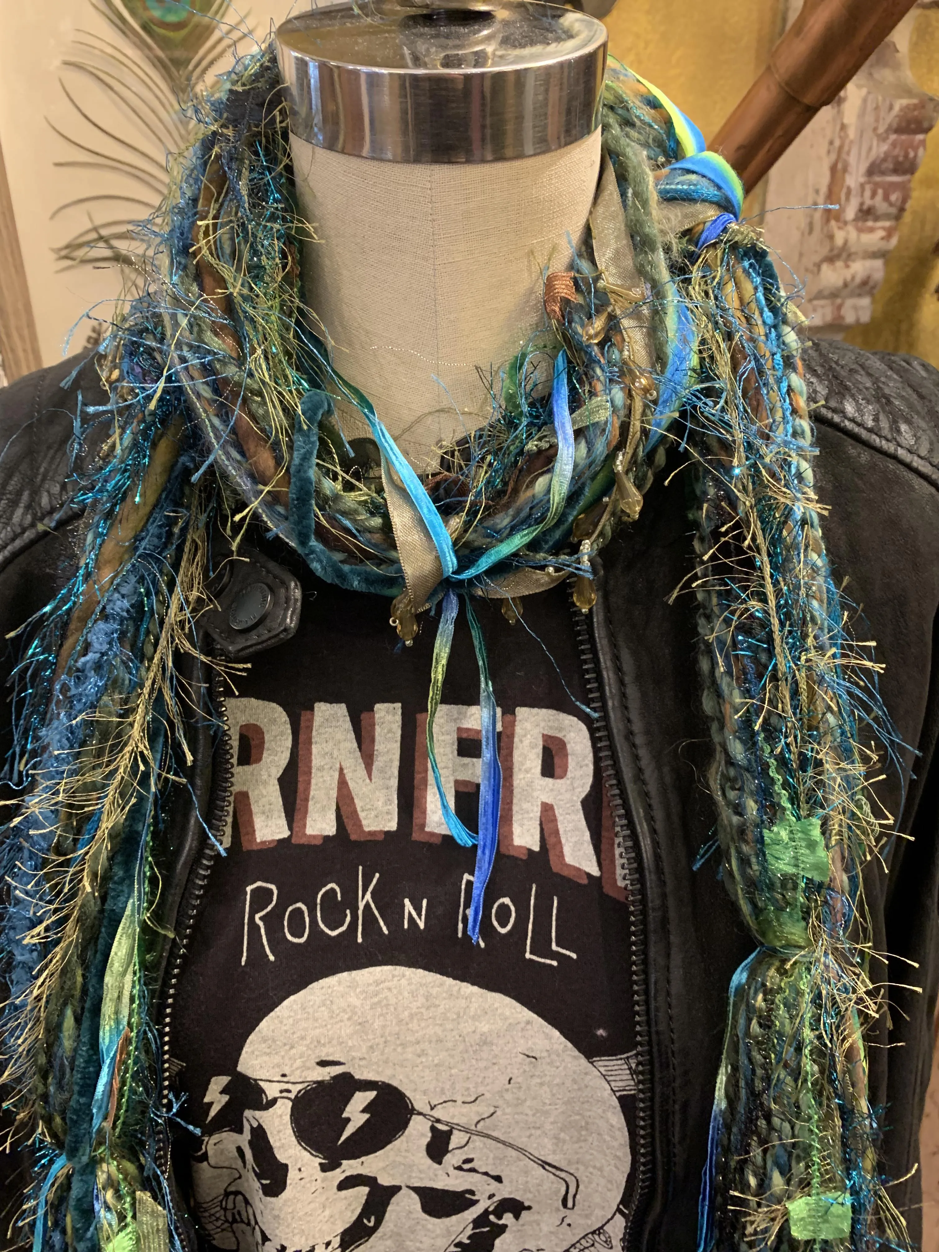 Ariel - Scarf in Turquoise, olive with hand dyed ribbon