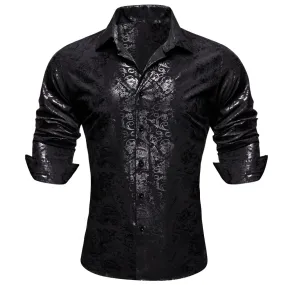 Barry Wang Black Shirt Silver Grey Pattern Novelty Long Sleeve Shirt