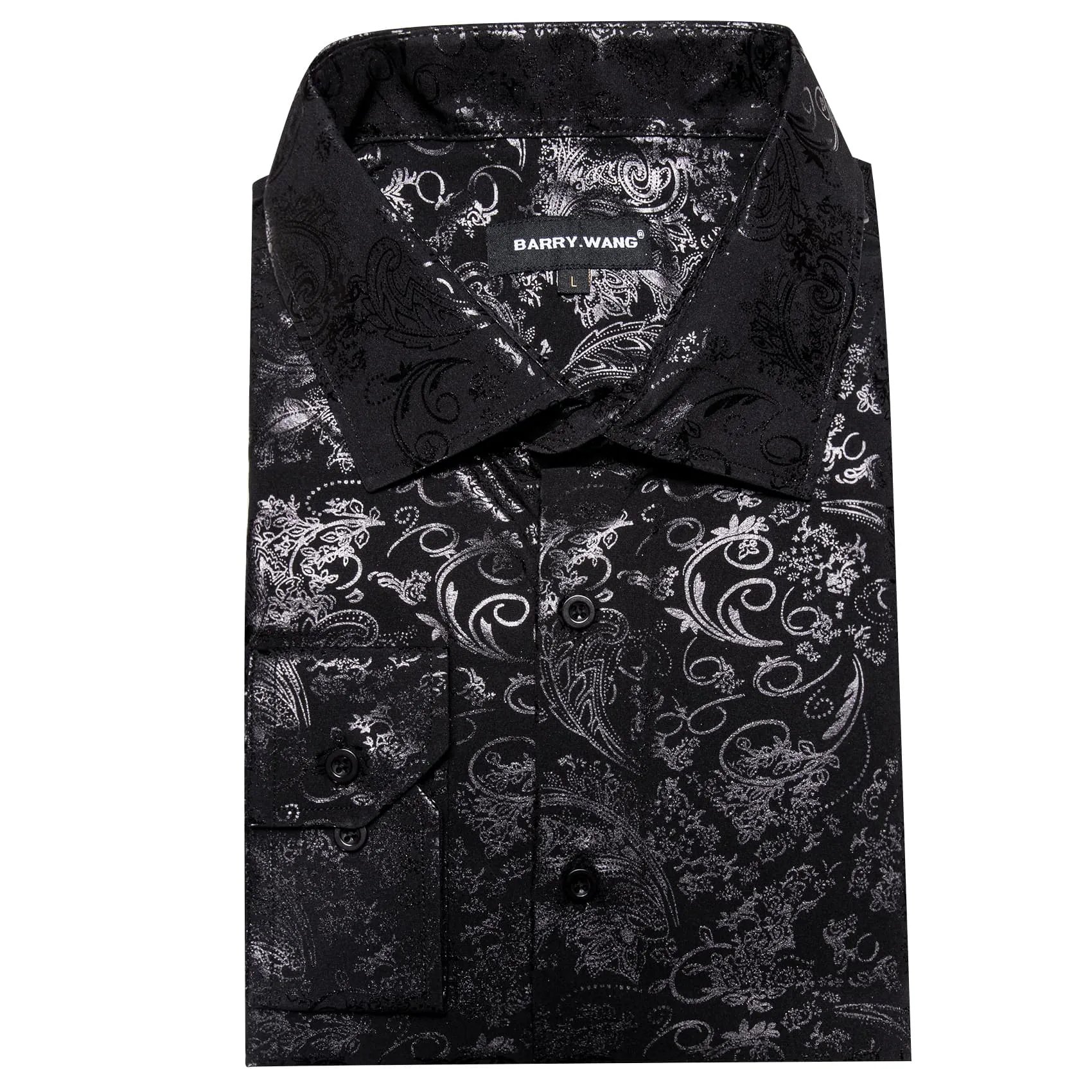 Barry Wang Black Shirt Silver Grey Pattern Novelty Long Sleeve Shirt