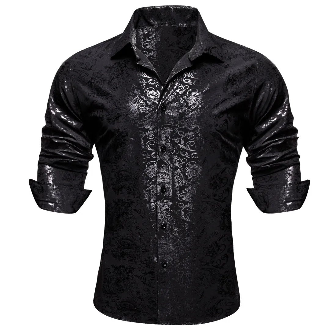 Barry Wang Black Shirt Silver Grey Pattern Novelty Long Sleeve Shirt