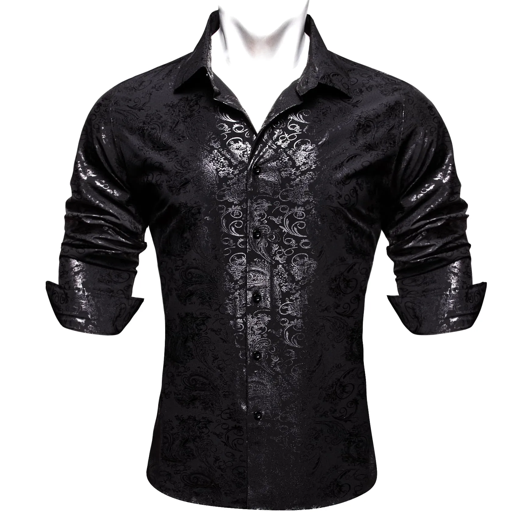Barry Wang Black Shirt Silver Grey Pattern Novelty Long Sleeve Shirt