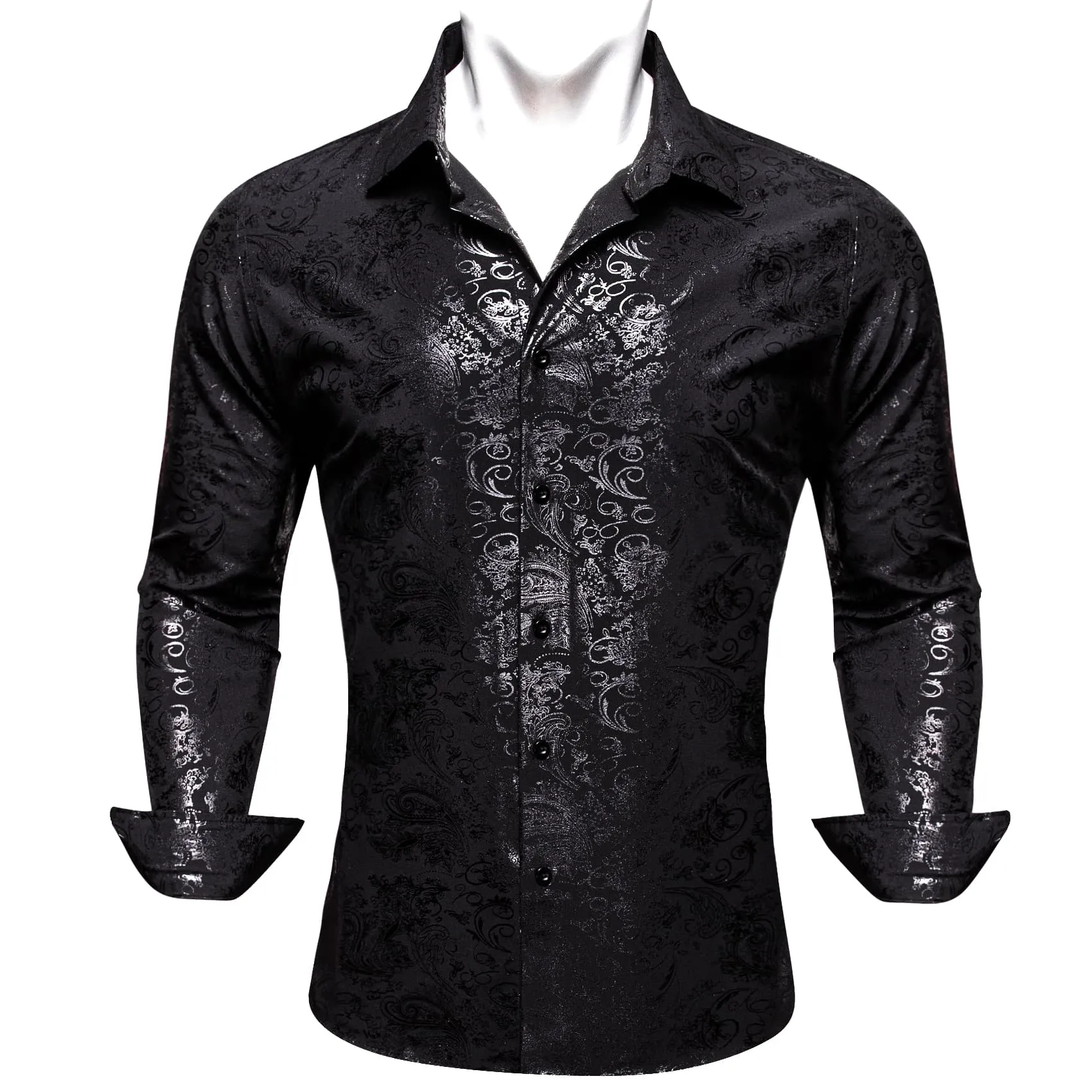 Barry Wang Black Shirt Silver Grey Pattern Novelty Long Sleeve Shirt