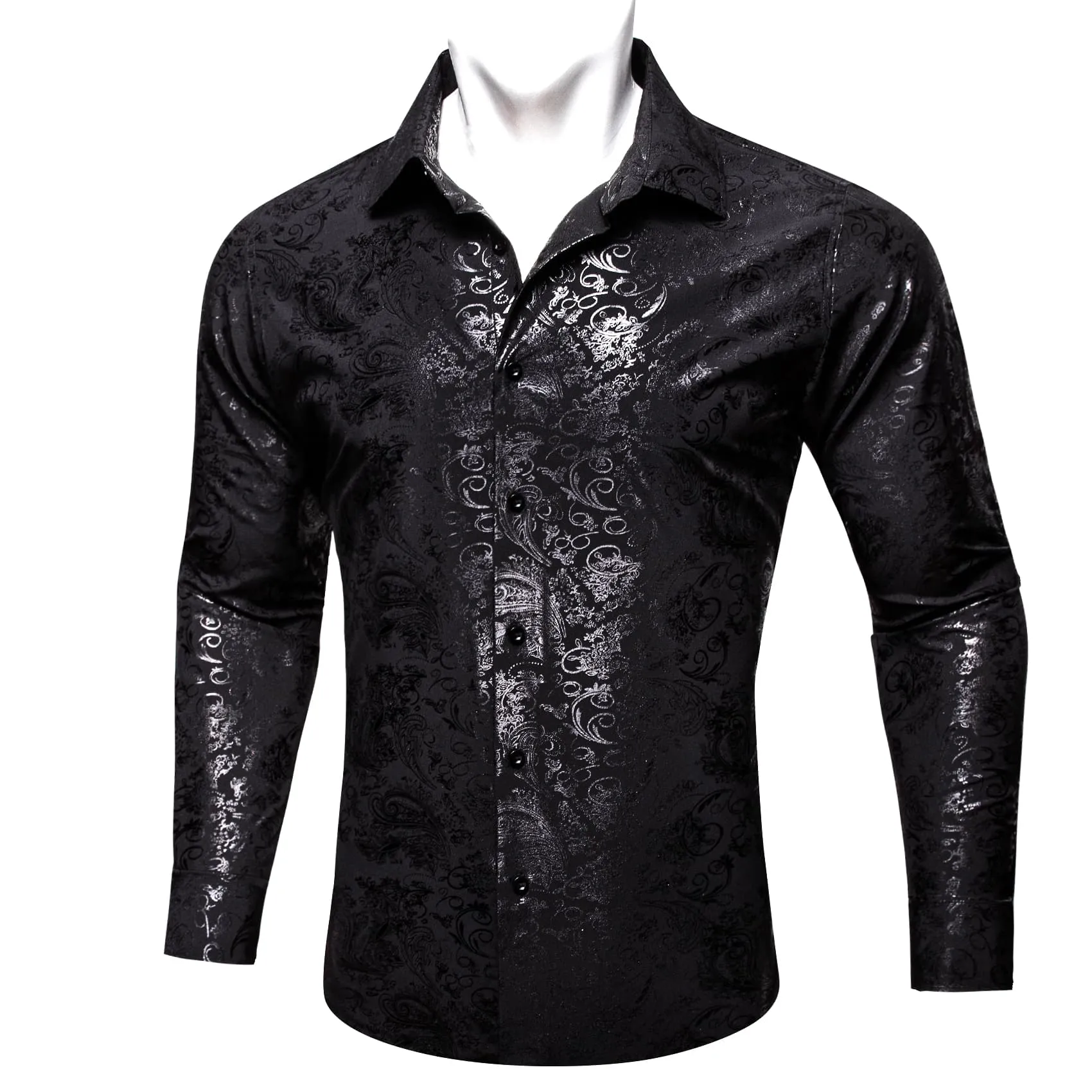 Barry Wang Black Shirt Silver Grey Pattern Novelty Long Sleeve Shirt