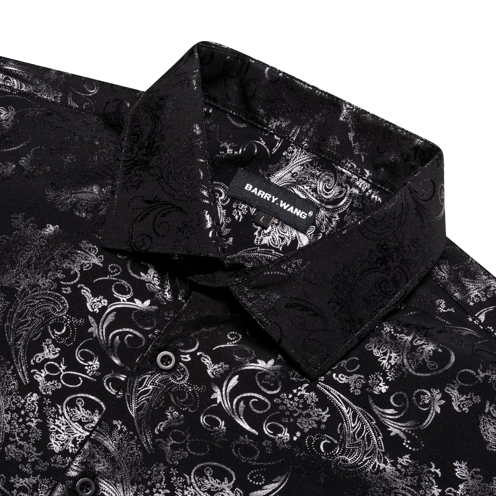 Barry Wang Black Shirt Silver Grey Pattern Novelty Long Sleeve Shirt