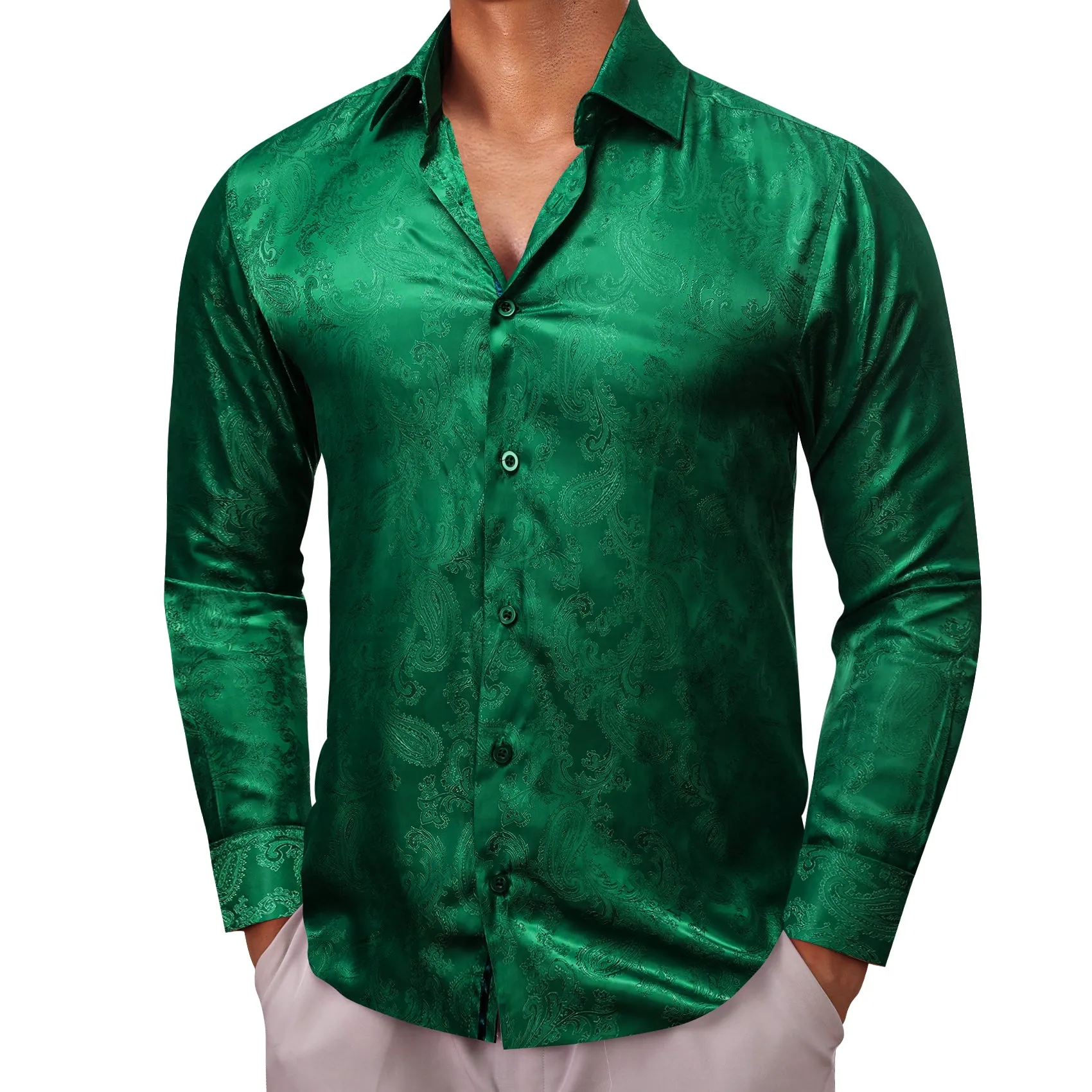 Barry Wang Button Down Long Sleeve Grass Green Paisley Silk Mens Shirt