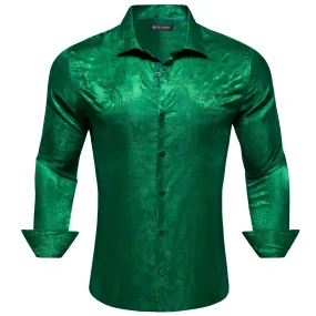 Barry Wang Button Down Long Sleeve Grass Green Paisley Silk Mens Shirt