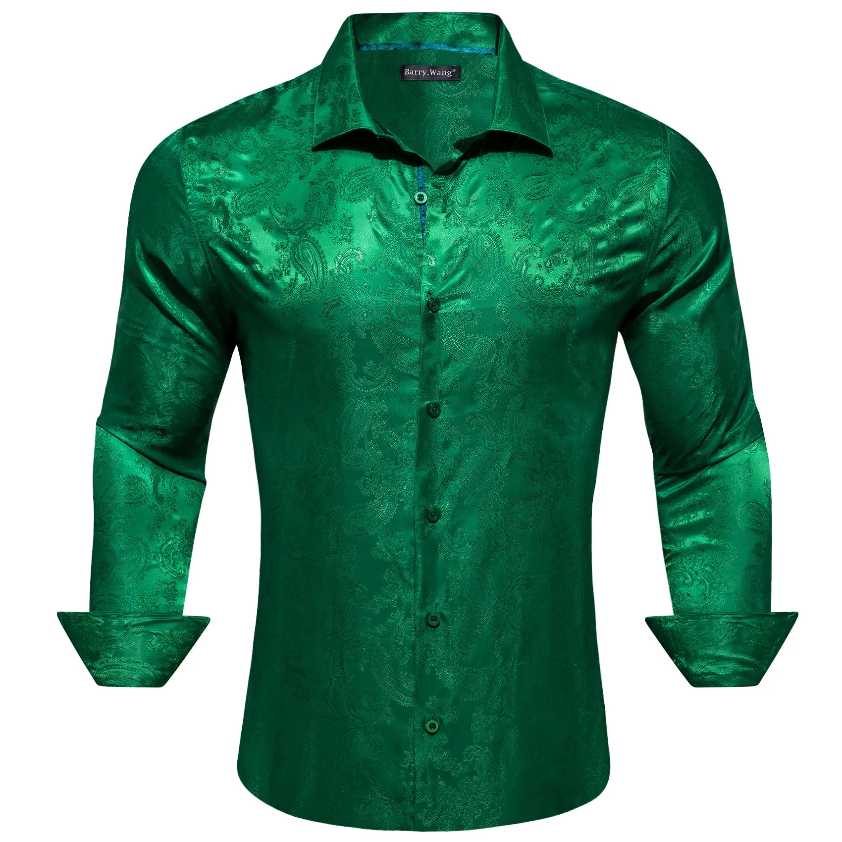 Barry Wang Button Down Long Sleeve Grass Green Paisley Silk Mens Shirt