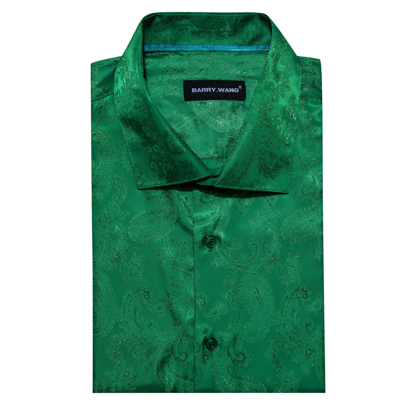 Barry Wang Button Down Long Sleeve Grass Green Paisley Silk Mens Shirt