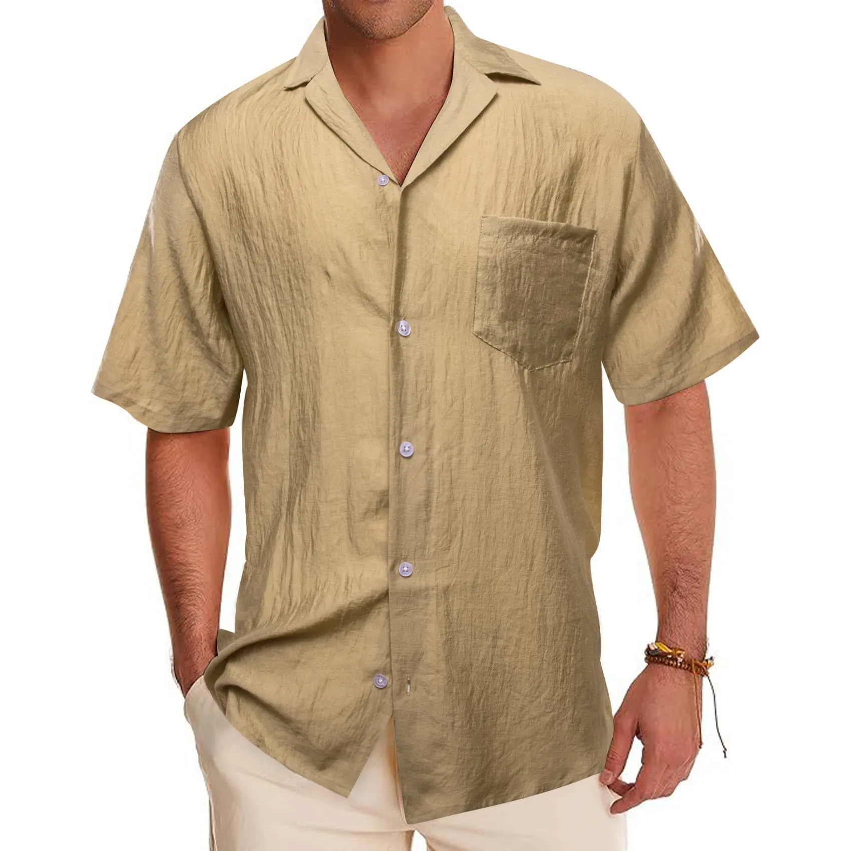 Barry Wang Tan Shirt Solid Light Brown Short Sleeves Shirt for Men