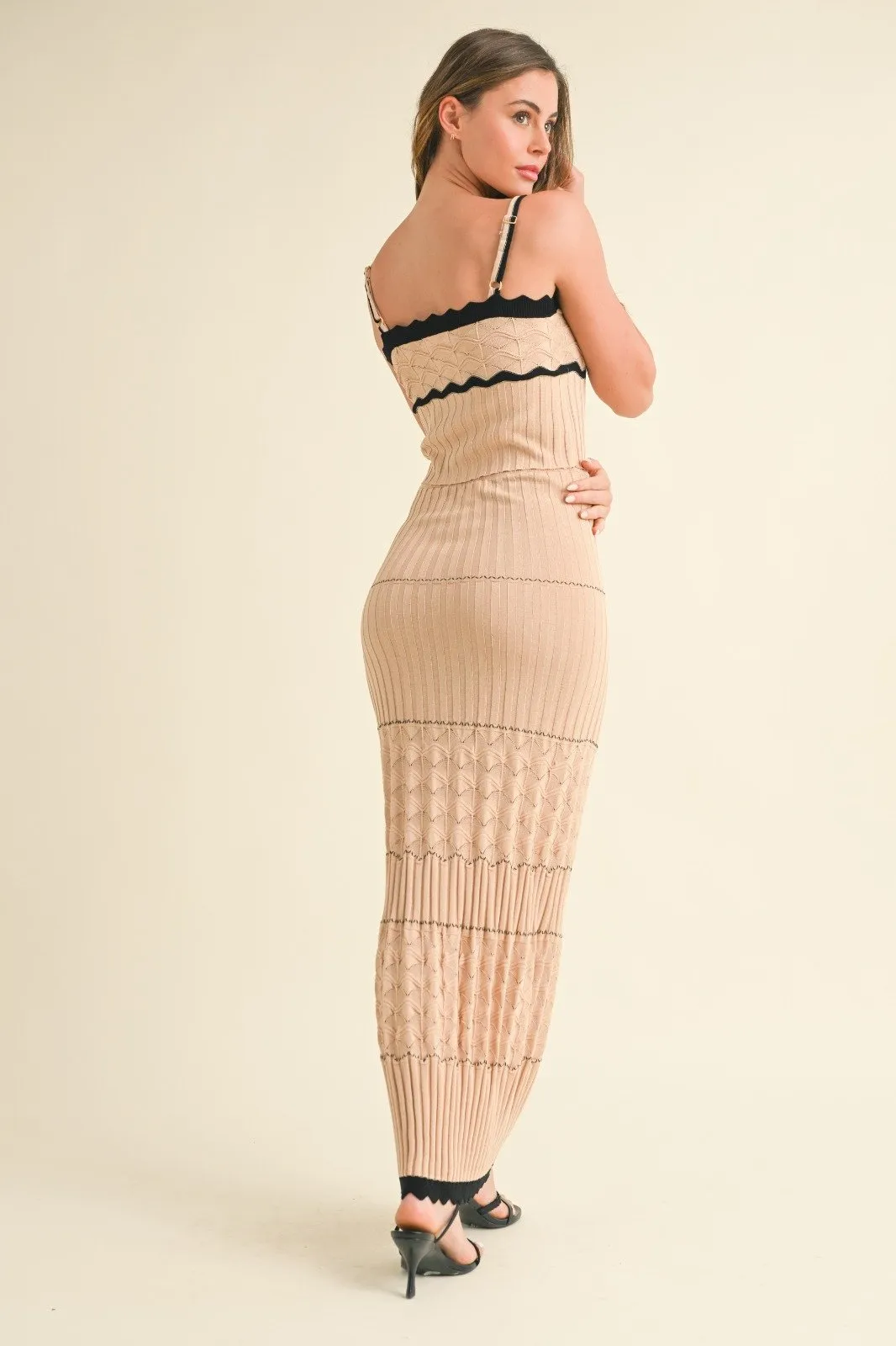 Beige and Black Knitted Skirt Set