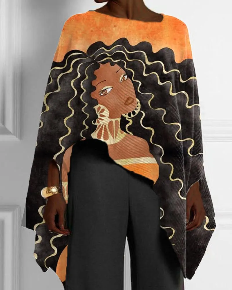 Black Cartoon Girl Casual Print Irregular Hem Ladies Top