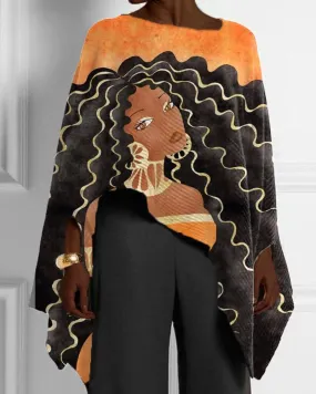 Black Cartoon Girl Casual Print Irregular Hem Ladies Top