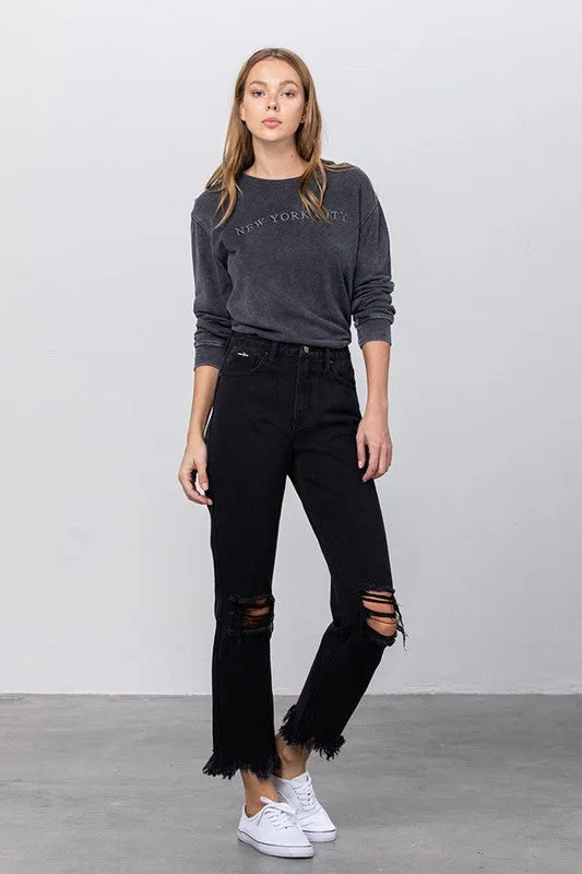 Black Destroyed Straight Leg Jean Pants