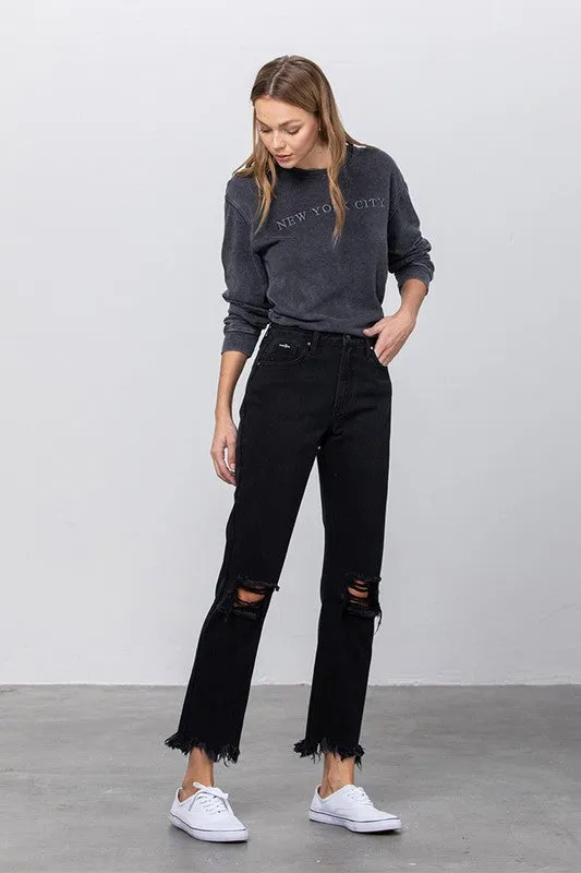 Black Destroyed Straight Leg Jean Pants