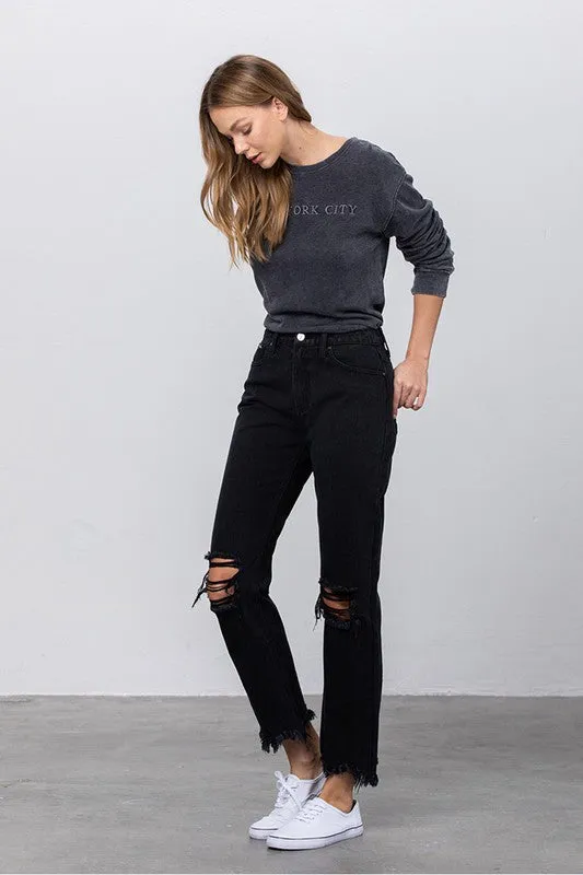 Black Destroyed Straight Leg Jean Pants