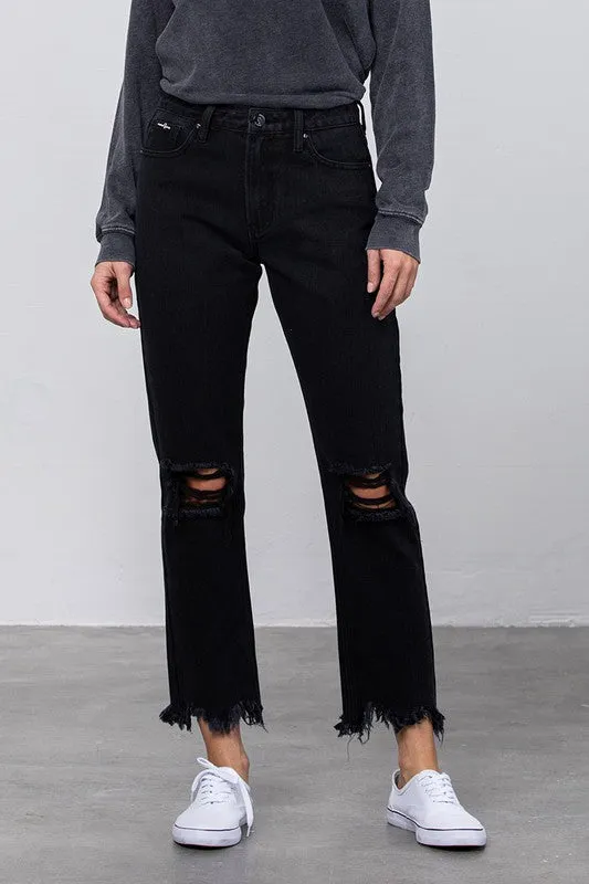 Black Destroyed Straight Leg Jean Pants