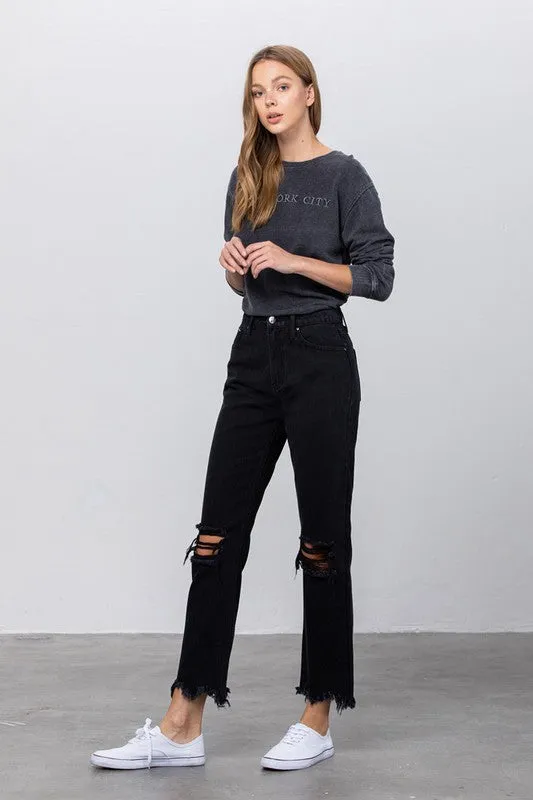 Black Destroyed Straight Leg Jean Pants